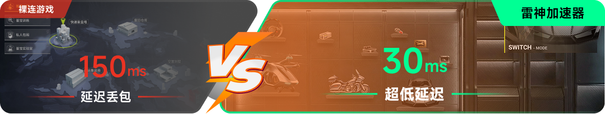 使用雷神加速器前后，游戏内延迟高低对比