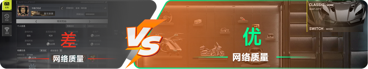 使用雷神加速器前后，游戏内网络质量对比